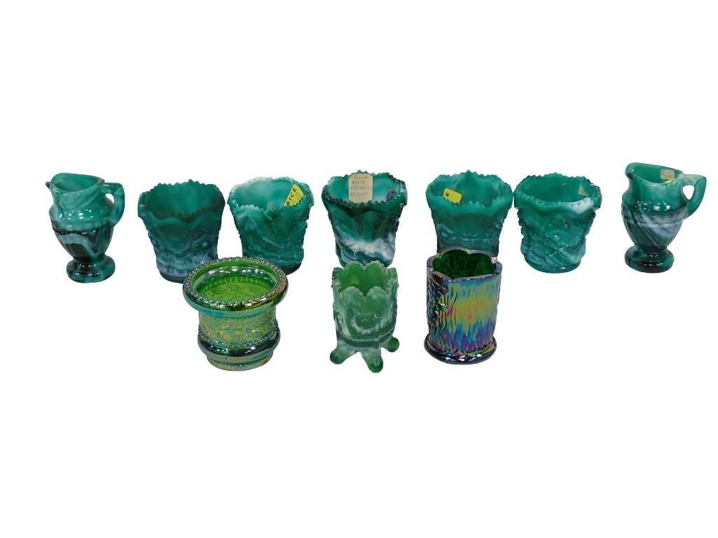 10 Asst Green Glass Toothpick Holders incl Slag Glass, Carnival Glass, Etc: 10 Asst Green Glass Toothpick Holders incl Slag Glass, Carnival Glass, Etc All pictures are considered part of the description and should be examined carefully by bidders. Live Auctioneers is now offe