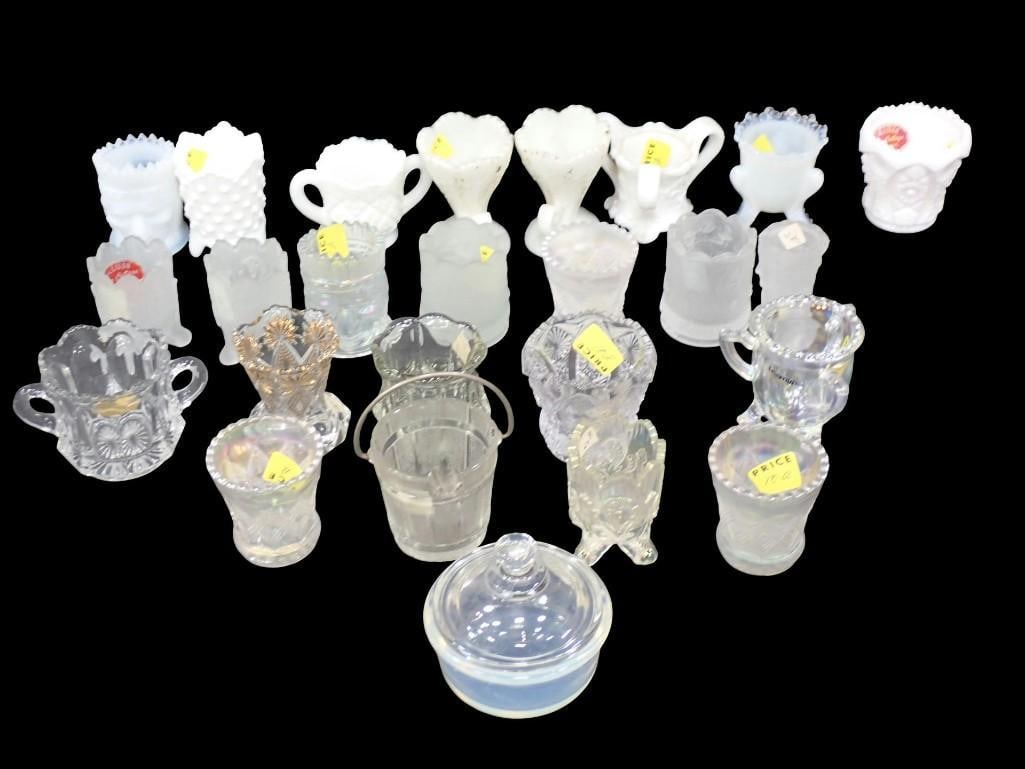 24+ Asst Toothpick Holders incl Iridescent, Milk Glass, Clear: 24+ Asst Toothpick Holders incl Iridescent, Milk Glass, Clear All pictures are considered part of the description and should be examined carefully by bidders. Live Auctioneers is now offering Live