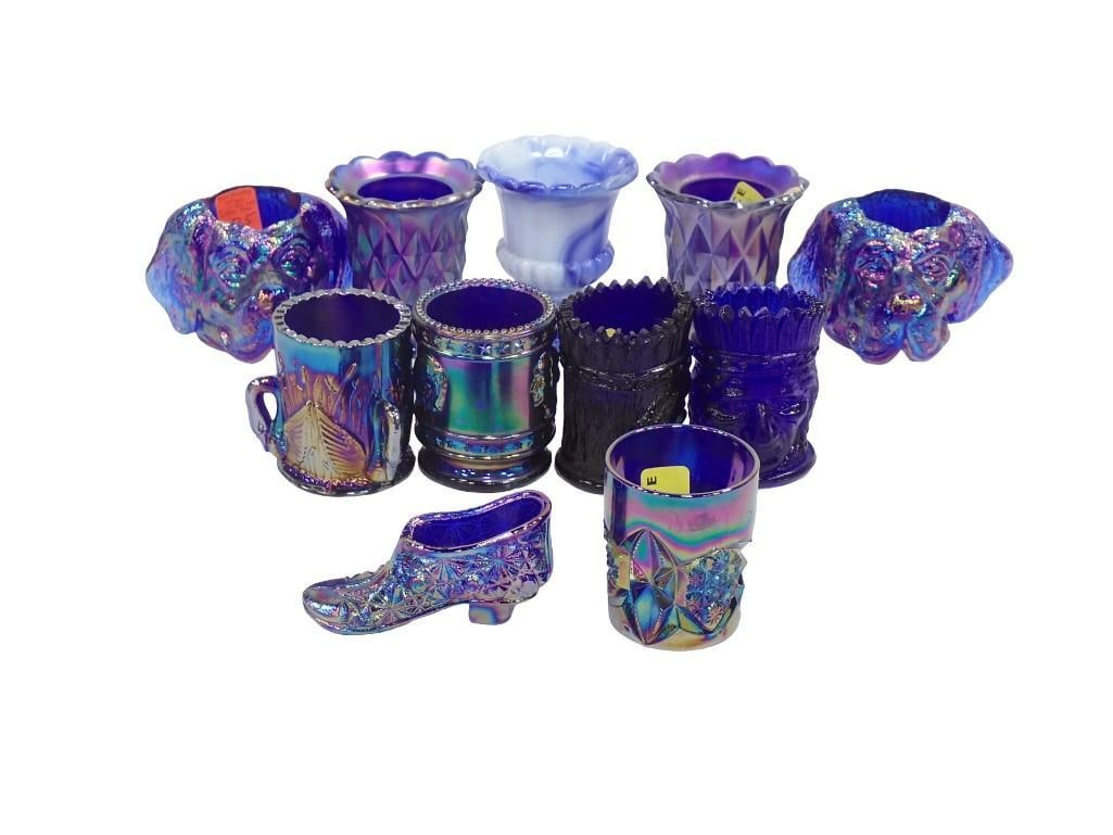 Asst Toothpick Holders incl Cobalt Blue Carnival Glass, 2 Dogs, Joe St Clair Mini Shoe, Etc (1 of 14)