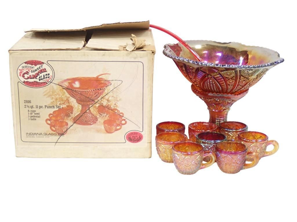 Indiana Glass Iridescent Sunset Carnival Glass 2 1/2 Qt 11 pc Punch Set in Original Box (1 of 13)