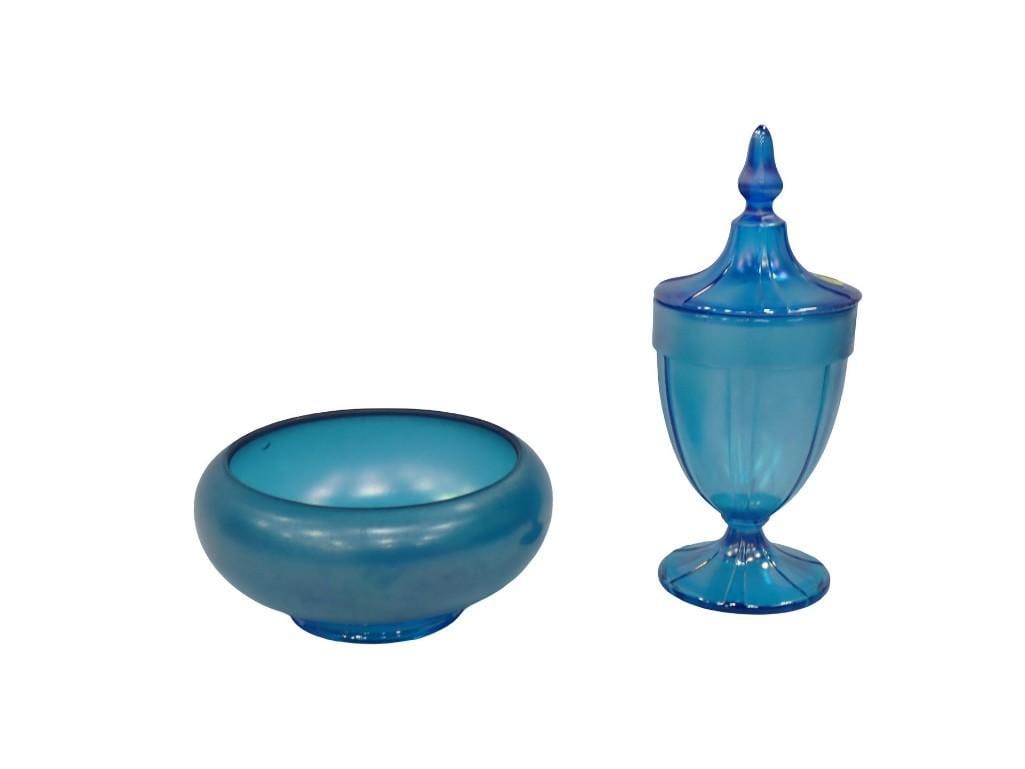 Fenton Blue Stretch Iridescent Glass Covered Candy Dish and Bowl: Fenton Blue Stretch Iridescent Glass Covered Candy Dish and Bowl All pictures are considered part of the description and should be examined carefully by bidders. Live Auctioneers is now offering Live 