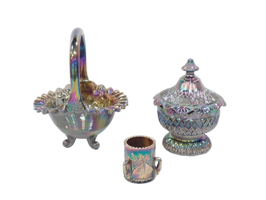 Amethyst Carnival Glass incl Fenton Covered Candy Dish , Fenton Basket, and Toothpick Holder (1 of 12)