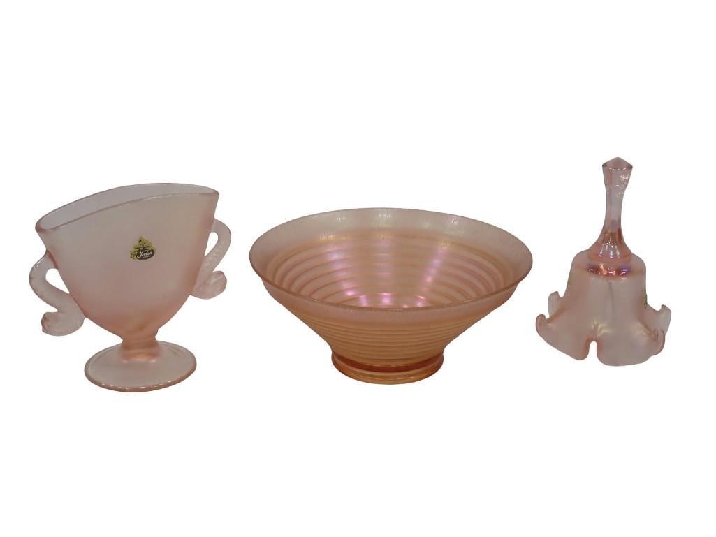 Iridescent Pink Glass incl Ribbed Bowl, Fenton Fan Vase, Fenton Bell (1 of 13)