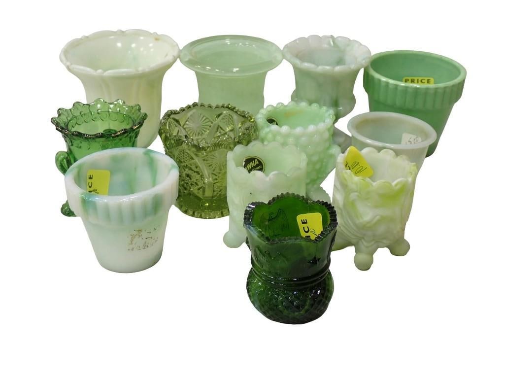 Asst Toothpick Holders Mostly Green incl Slag Glass, Kanawha, Uranium Glass, etc: Asst Toothpick Holders Mostly Green incl Slag Glass, Kanawha, Uranium Glass, etc All pictures are considered part of the description and should be examined carefully by bidders. Live Auctioneers is no
