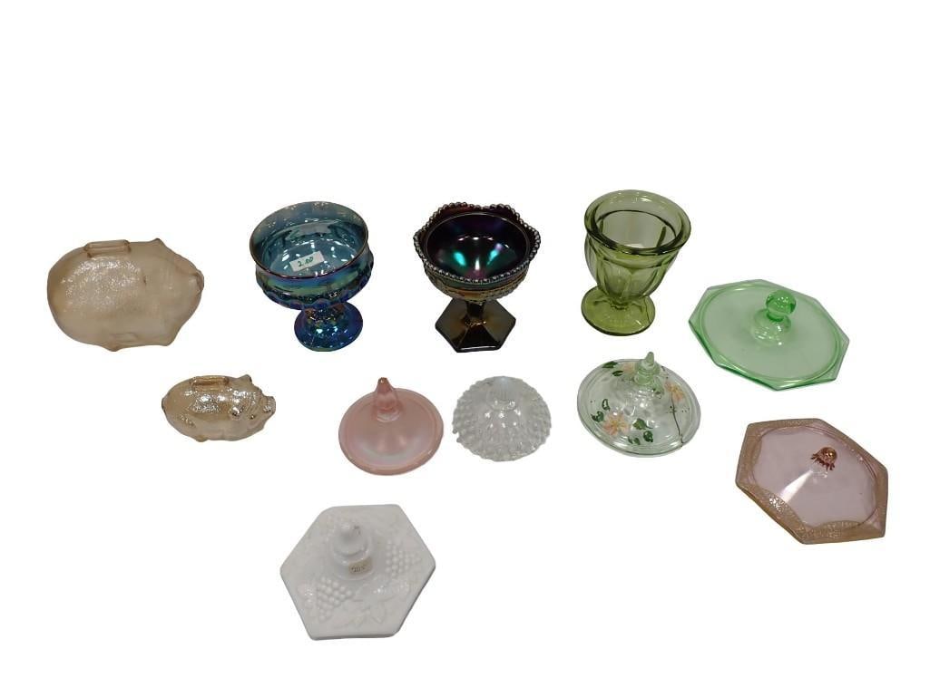 Asst Misc Glass incl Lids, Piggy Banks, Carnival Glass, Milk Glass, Fenton, Uranium Glass, etc: Asst Misc Glass incl Lids, Piggy Banks, Carnival Glass, Milk Glass, Fenton, Uranium Glass, etc All pictures are considered part of the description and should be examined carefully by bidders. Live Auc