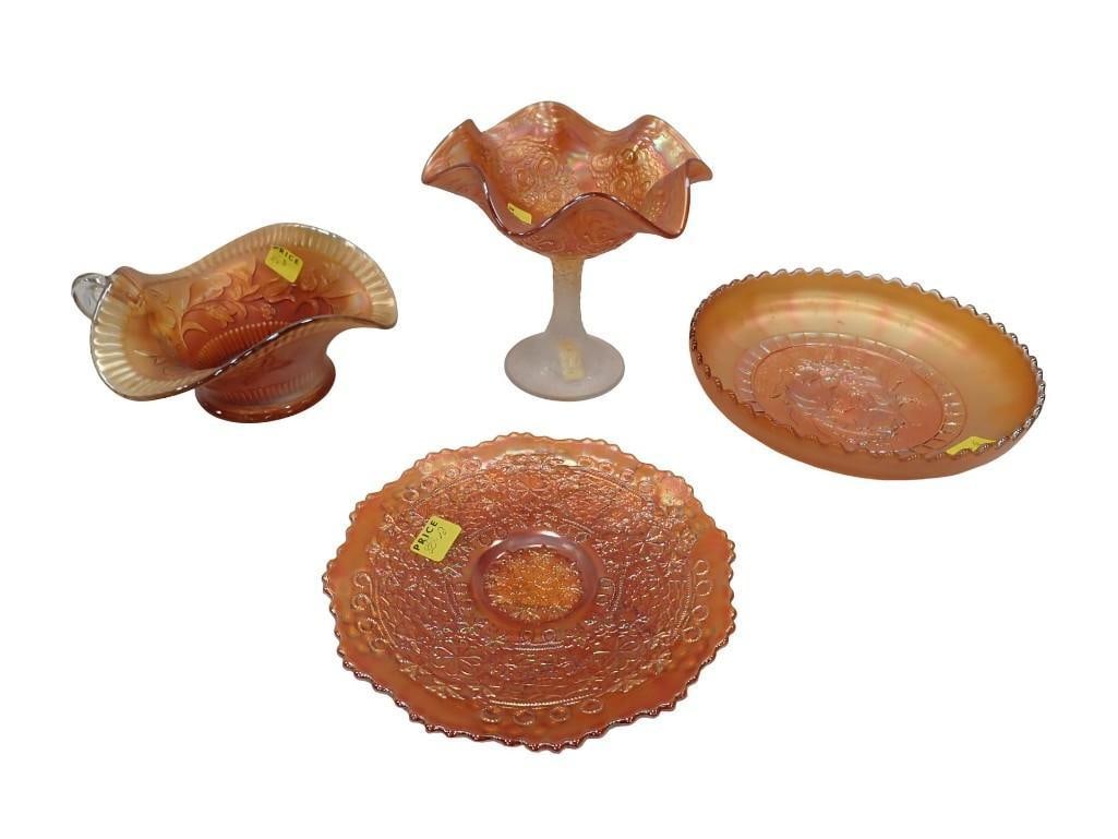 Carnival Glass Lot incl Fluted Edge Bowl, Footed Compote, Winflower Bowl, Fenton Leaf Chain Plate: Carnival Glass Lot incl Fluted Edge Bowl, Footed Compote, Winflower Bowl, Fenton Leaf Chain Plate All pictures are considered part of the description and should be examined carefully by bidders. Live 