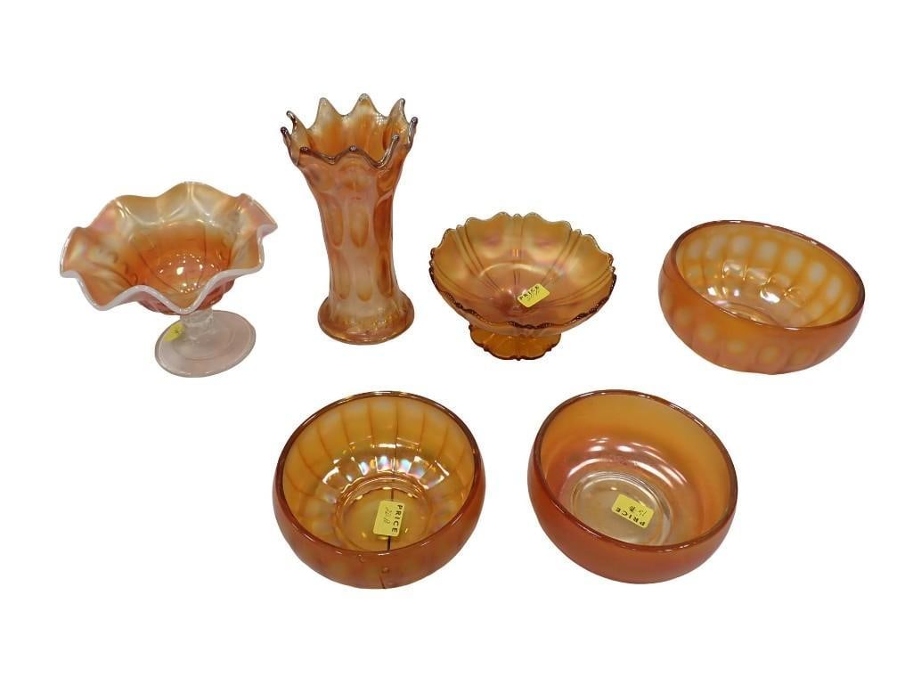 Marigold Carnival Glass incl Stretch or Swung Vase, Opalescent Fluted Edge Bowl, Bowls, Footed Dish,: Marigold Carnival Glass incl Stretch or Swung Vase, Opalescent Fluted Edge Bowl, Bowls, Footed Dish, All pictures are considered part of the description and should be examined carefully by bidders. Li