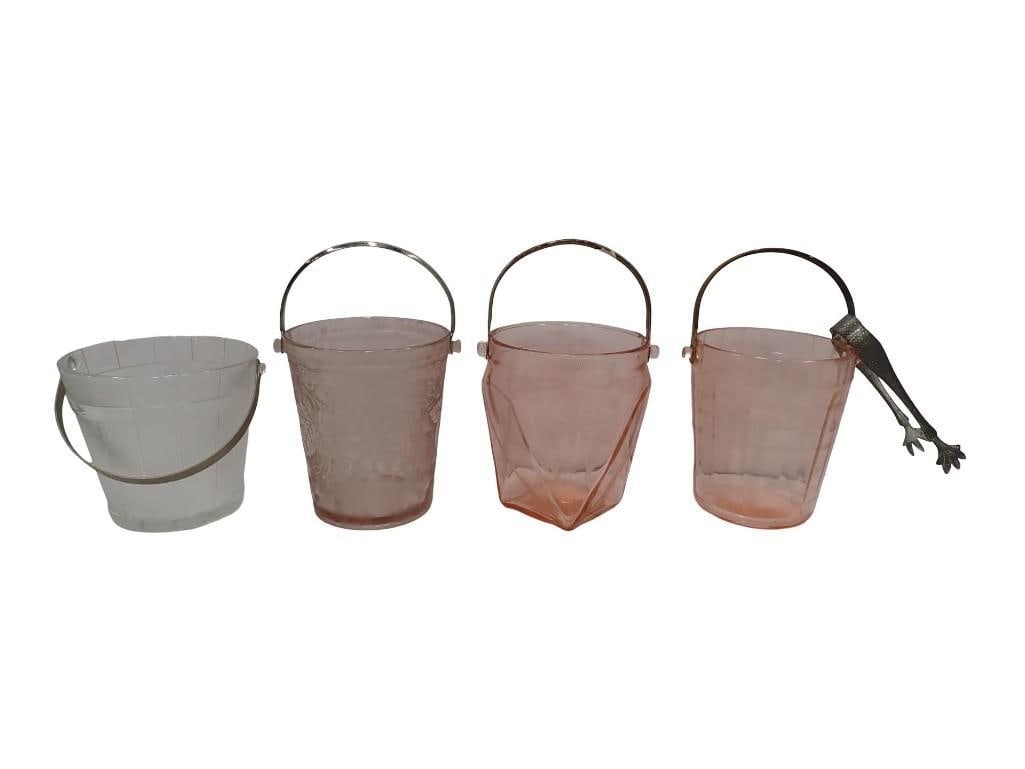 4 Glass Ice Buckets incl 2 Etched Pink Depression Glass, Frosted to Clear Grape Design, Clear (1 of 12)