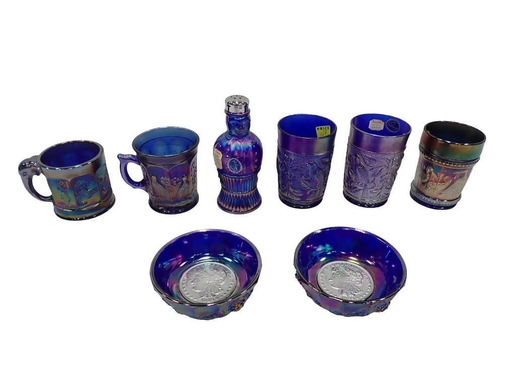 Carnival Glass incl 2 Small Cobalt Blue Bowls, Imperial Glass Glasses with Bird Design, Imperial Sal: Carnival Glass incl 2 Small Cobalt Blue Bowls, Imperial Glass Glasses with Bird Design, Imperial Salt Shaker in the form of a man, cups All pictures are considered part of the description and should b