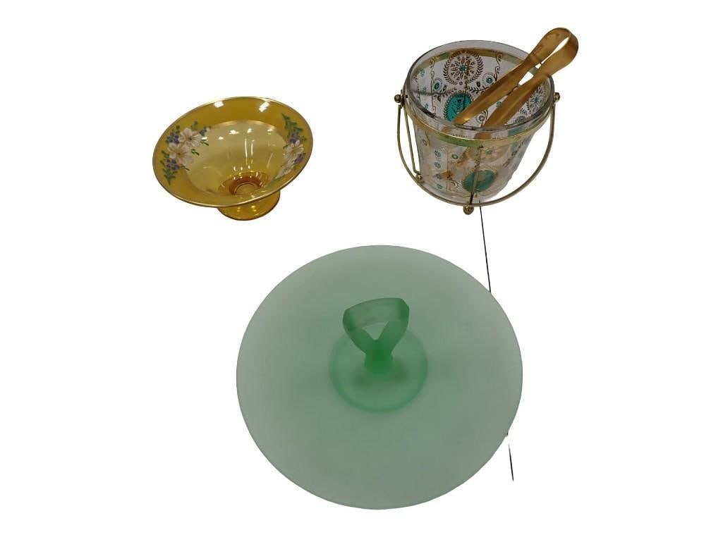 Glass Lot incl Green Tidbit Tray with Center Handle, Amber Glass Hand Painted Bowl, MCM Ice Bucket,: Glass Lot incl Green Tidbit Tray with Center Handle, Amber Glass Hand Painted Bowl, Georges Briard MCM Ice Bucket All pictures are considered part of the description and should be examined carefully b
