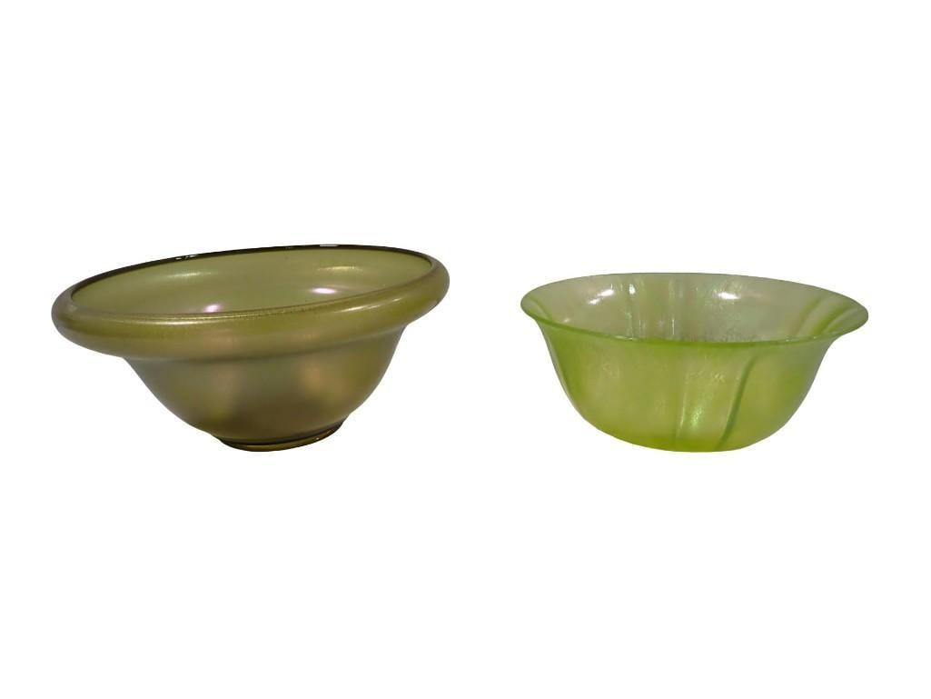 2 Yellow Iridescent Glass Bowls incl 1 Vaseline Glass that Glows under Black Light: 2 Yellow Iridescent Glass Bowls. The smaller one glows under black light All pictures are considered part of the description and should be examined carefully by bidders. Live Auctioneers is now 