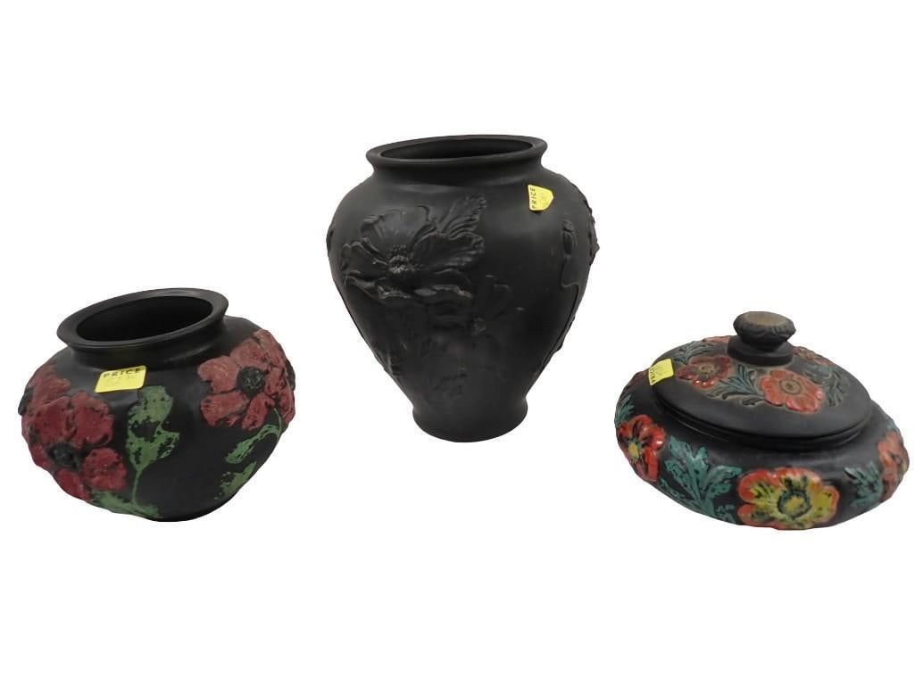 2 Black Glass Vases and a Black Glass Covered Candy Dish with Painted Floral Design: 2 Black Glass Vases and a Black Glass Covered Candy Dish with Painted Floral Design All pictures are considered part of the description and should be examined carefully by bidders. Live Auctioneers is