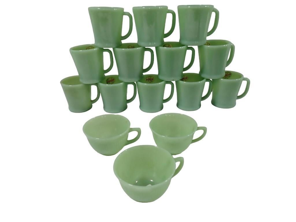 Vintage Jadeite Fire King Mugs and 3 Jadeite Cups - No Label: Vintage Jadeite Fire King Mugs and 3 Jadeite Cups - No Label All pictures are considered part of the description and should be examined carefully by bidders. Live Auctioneers is now offering Live Ship