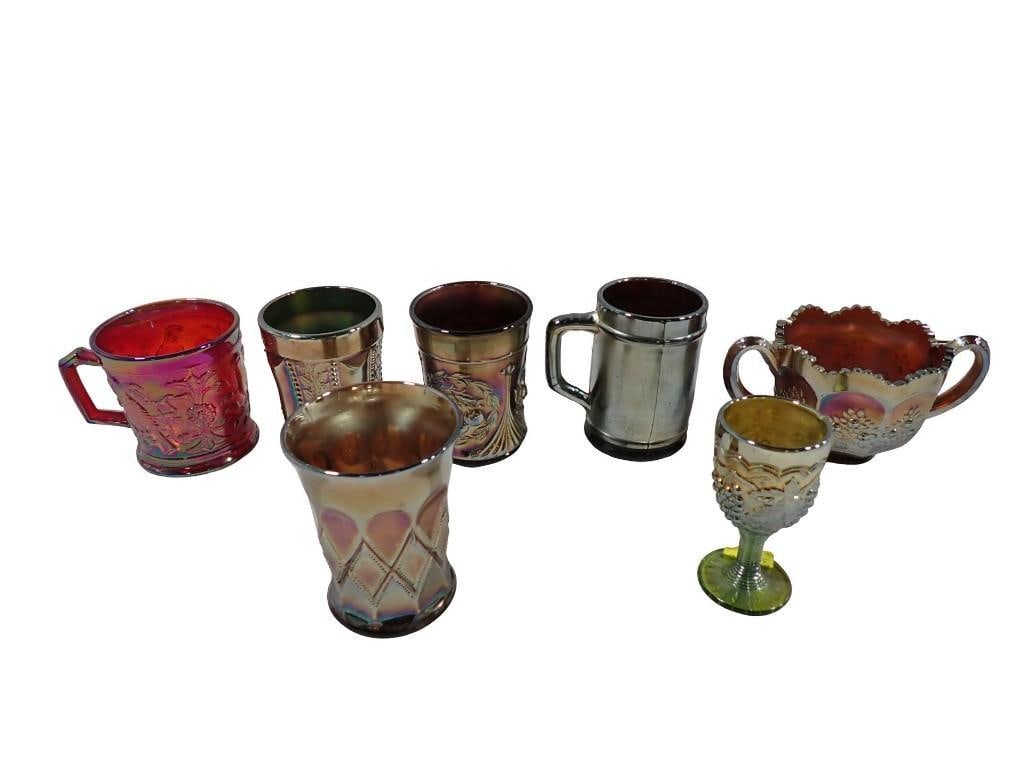 Carnival Glass Cups incl 2 Handled Sugar Bowl, Red Carnival Glass Mug, Tumblers, Etc (1 of 20)