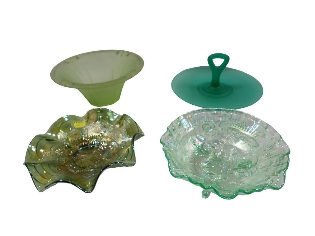 Uranium Glass incl Tri Footed Bowl, Hand Painted Bowl, Tidbit Tray, Carnival Glass Bowl - Not Uraniu: Uranium Glass incl Tri Footed Bowl, Hand Painted Bowl, Tidbit Tray, Carnival Glass Bowl - Not Uranium Glass and does not glow under black light All pictures are considered part of the description and 