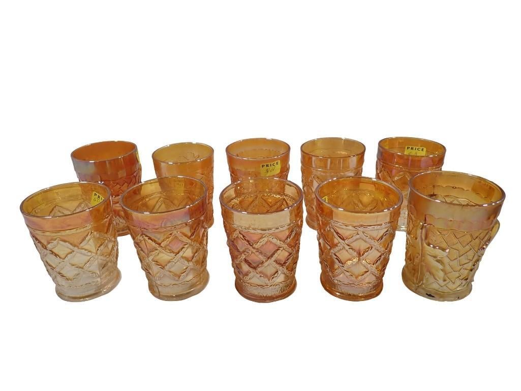 10 Carnival Glass Tumblers Asst Patterns: 10 Carnival Glass Tumblers Asst Patterns All pictures are considered part of the description and should be examined carefully by bidders. Live Auctioneers is now offering Live Shipping through them. T