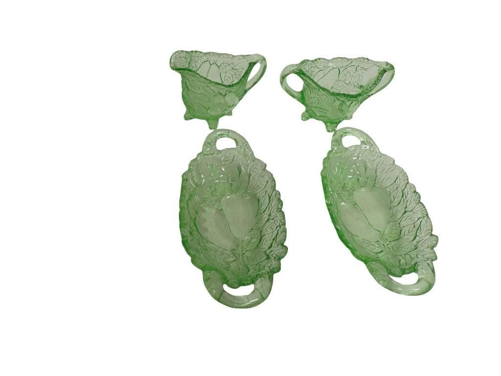 4 pc Uranium Glass Indiana Glass Creamer, Sugar, 2 Relish Trays Sweet Pea Pattern (1 of 9)