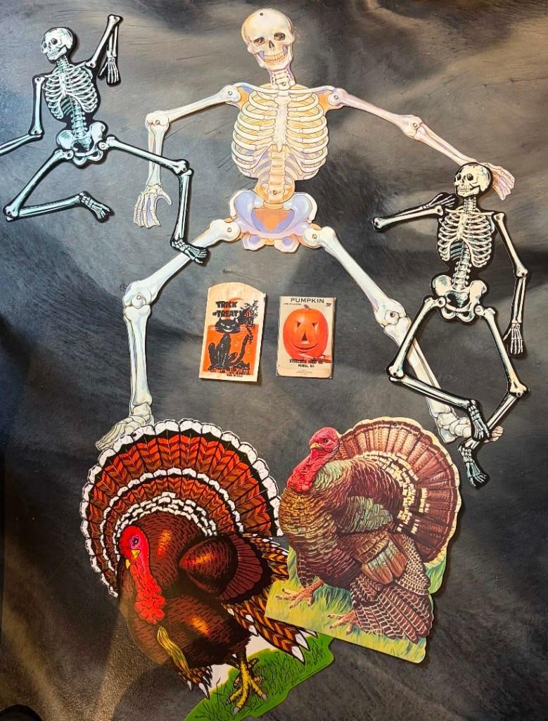 Vintage Die Cut Beistle Turkey And Halloween Skeletons W/ Articulated Limbs
