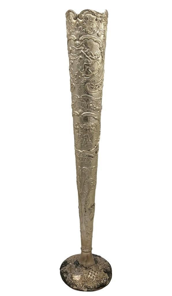 25" Tall Silverplate Vase With Musicians, Cherubs And More