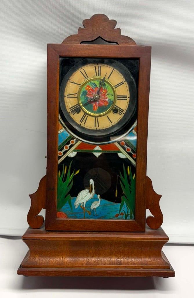 Antique Hand Painted Heron Mantle Or Shelf Clock: Antique Hand Painted Heron Mantle Or Shelf Clock . Untested, Has Key And Pendulum, 20" Tall. . All Pictures Are Considered Part Of The Description And Should Be Examined Carefully By Bidders.. Live Au