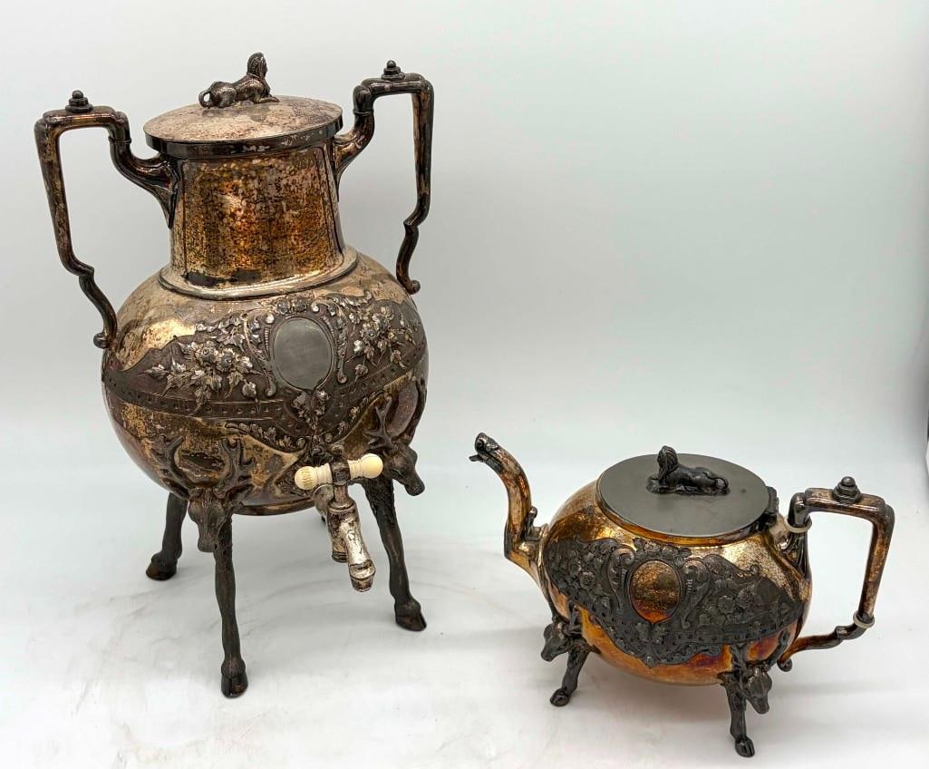 Egyptian Revival Sphinx Silverplate Tea Coffee Samovar Set