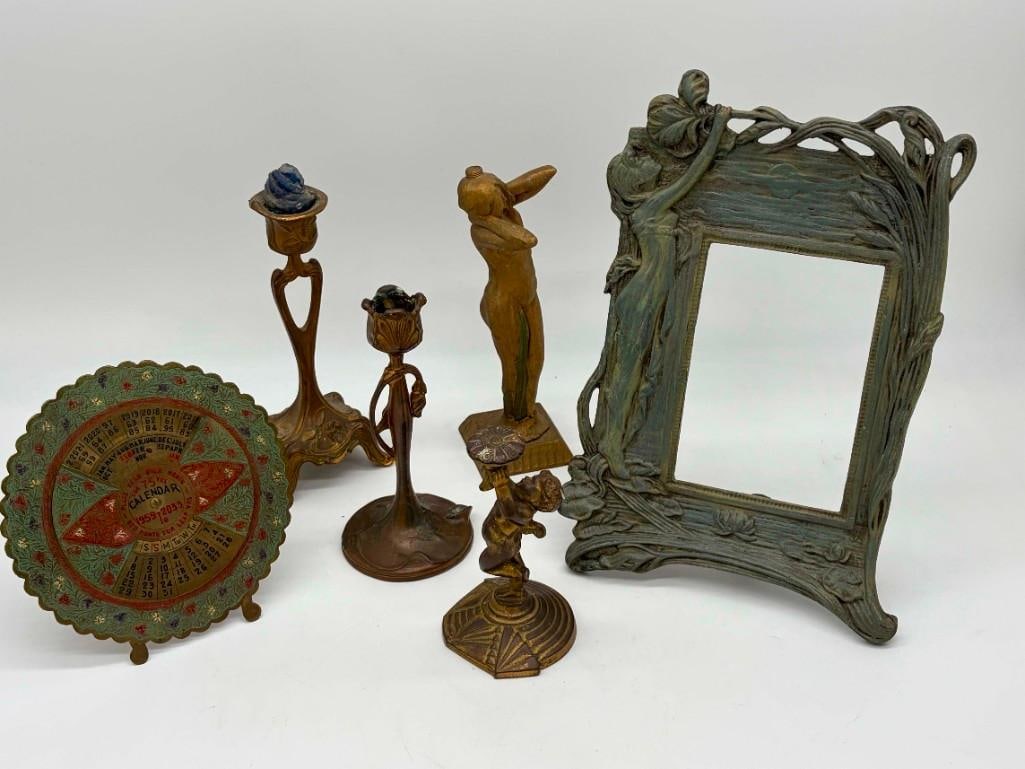 Lot Of Art Nouveau Picture Frame, Candle Sticks And More Bronze, Brass, Copper (1 of 14)