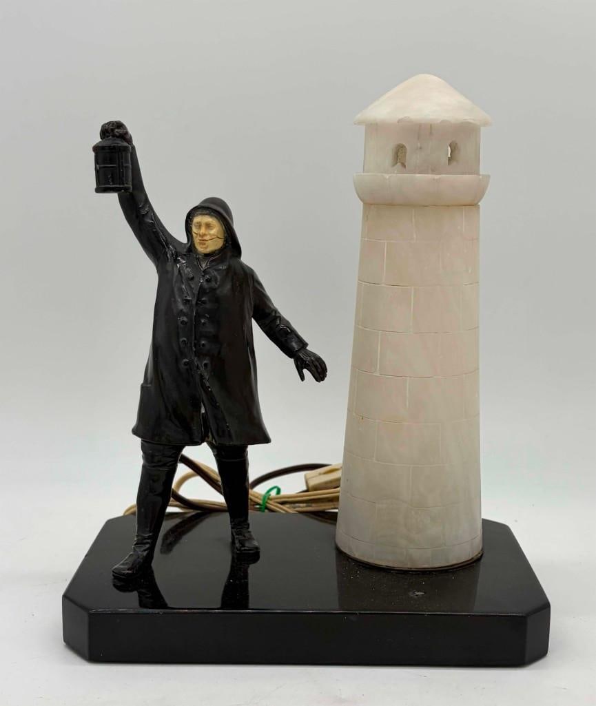 Vintage Lighthouse Marble, Alabaster Lamp Works: Vintage Lighthouse Marble, Alabaster Lamp. Working Condition, Minor Chips On Lighthouse. . All Pictures Are Considered Part Of The Description And Should Be Examined Carefully By Bidders.. Live Auctio