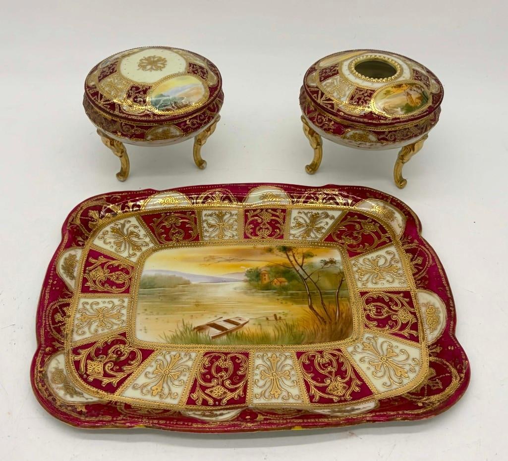 Antique Nippon 3 Pc. Hand Painted Dresser Set: Antique Nippon 3 Pc. Hand Painted Dresser Set. Very nice! Tray Is 10" Wide. All Pictures Are Considered Part Of The Description And Should Be Examined Carefully By Bidders.. Live Auctioneers Is Now Of