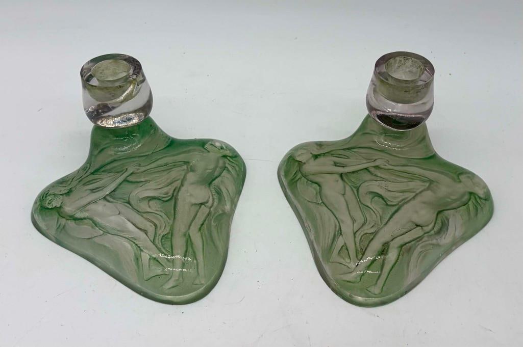 Pair Of Antique Art Nouveau Nude Couple Glass Candle Sticks: Pair Of Antique Art Nouveau Nude Couple Glass Candle Sticks. Tiny Chips. . All Pictures Are Considered Part Of The Description And Should Be Examined Carefully By Bidders.. Live Auctioneers Is Now Off