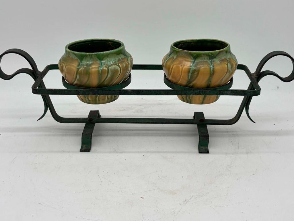 Forged Iron Arts Crafts Double Ceramic Planter, Belgium (1 of 8)