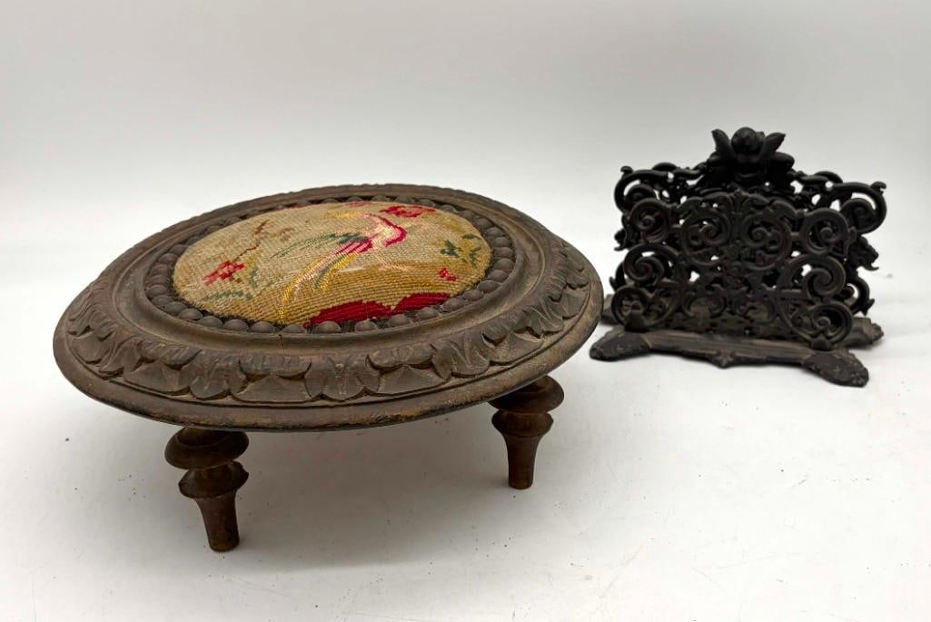 Antique Victorian Needlepoint Footstool And Cast Iron Cherub Letter Holder: Antique Victorian Needlepoint Footstool And Cast Iron Cherub Letter Holder. Foot Stool Is Very Old!, 12" Wide X 5" Tall. . All Pictures Are Considered Part Of The Description And Should Be Examined Ca