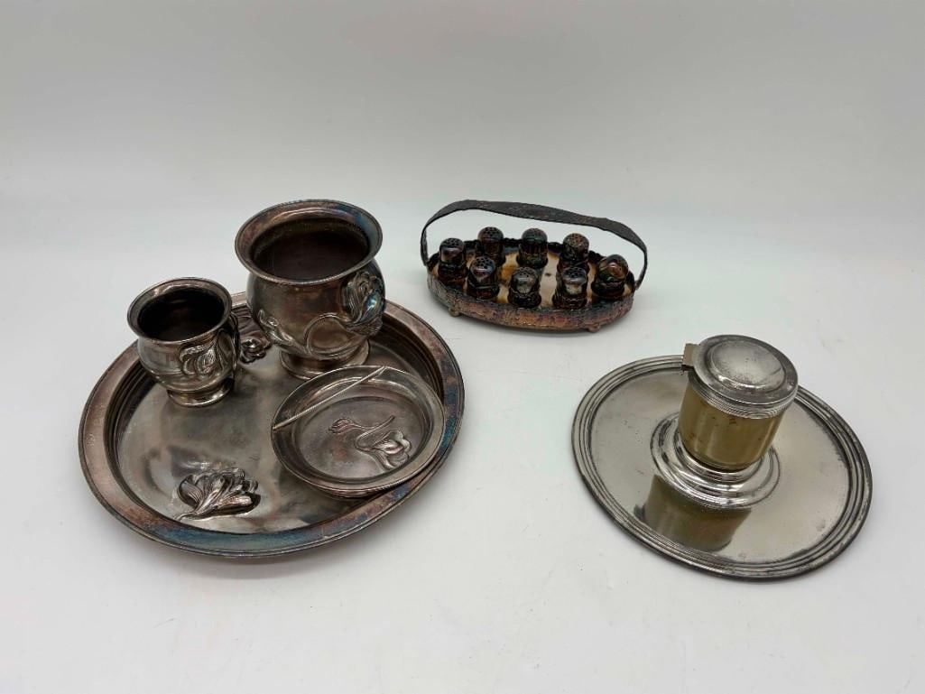 Antique Silverplate Salt, Inkwell And Art Nouveau Dresser Set (1 of 6)