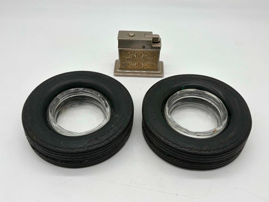 Vintage Deco Mylflam Table Top Lighter And 2 Remington Advertising Tire Ashtrays: Vintage Deco Mylflam Table Top Lighter And 2 Remington Advertising Tire Ashtrays. Good Condition. . All Pictures Are Considered Part Of The Description And Should Be Examined Carefully By Bidders.. Li