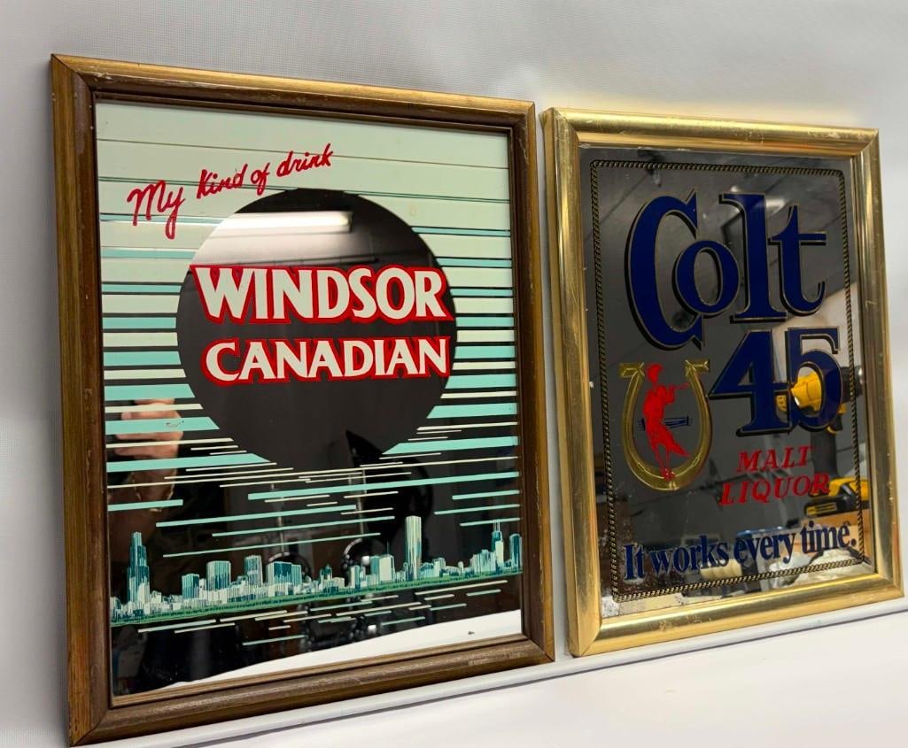 2 Vintage Beer / Liquor Mirrors Colt 45 & Windsor: 2 Vintage Beer / Liquor Mirrors Colt 45 & Windsor. Good Condition. Both 14 X 18. All Pictures Are Considered Part Of The Description And Should Be Examined Carefully By Bidders.. Live Auctioneers Is N