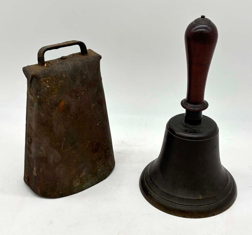 Antique #6 School Hand Bell & Large Primitive Cow Bell (1 of 10)
