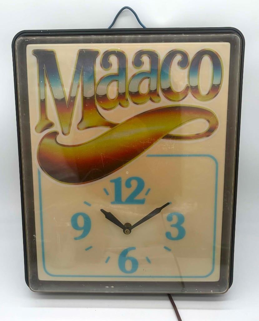 Vintage Maaco Advertising Clock Light Sign Auto Car Paint Repair Shop: Vintage Maaco Advertising Clock Light Sign Auto Car Paint Repair Shop. Clock Is Working Good, May Need New Bulb. All Pictures Are Considered Part Of The Description And Should Be Examined Carefu