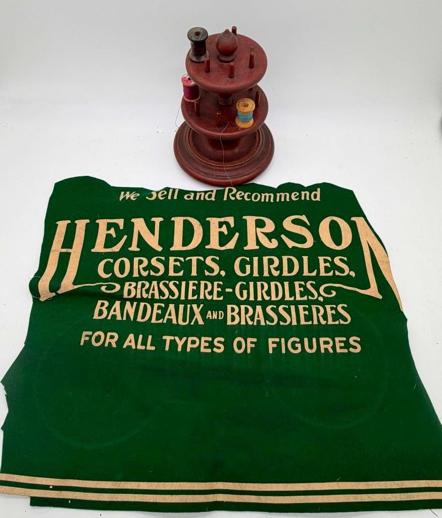 Victorian Cotton Reel Bobbin Stand & Lingerie Advertising: Victorian Cotton Reel Bobbin Stand & Lingerie Advertising. Stand Is Missing A Couple Spindles On Top. . All Pictures Are Considered Part Of The Description And Should Be Examined Carefully By Bidders.