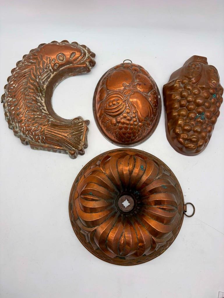 Lot Of Vintage Copper Molds: Lot Of Vintage Copper Molds. All Pictures Are Considered Part Of The Description And Should Be Examined Carefully By Bidders.. Live Auctioneers Is Now Offering Live Shipping Through Them. This I