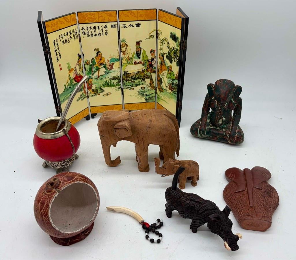 Asian & African Items, Lacquer Table Screen, Elephants, Gourd And More: Asian & African Items, Lacquer Table Screen, Elephants, Gourd And More. All Pictures Are Considered Part Of The Description And Should Be Examined Carefully By Bidders.. Live Auctioneers Is Now 