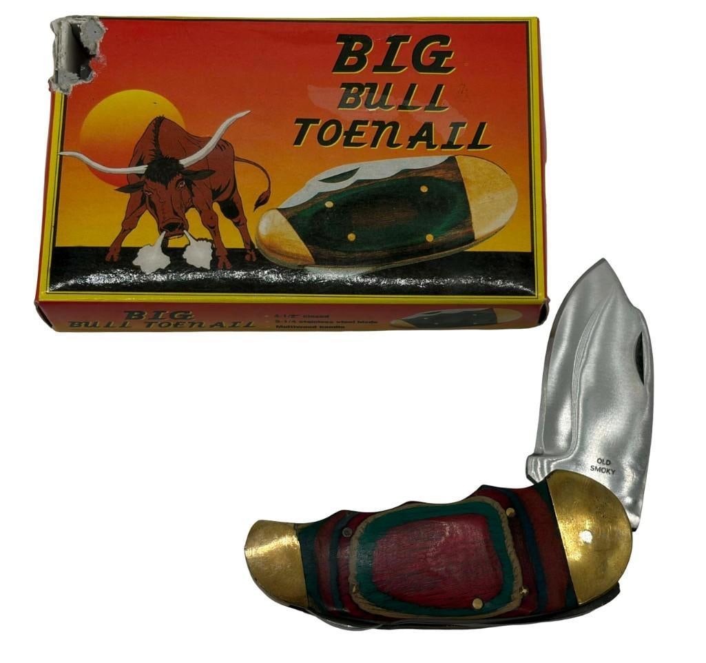 Nos Big Bull Toenail Ole Smoky Os99 Lock Blade Knife W/ Box: New Old Stock Big Bull Toenail Ole Smoky Os99 Lock Blade Knife W/ Box. Never Used, Box Has Small Hole. . All Pictures Are Considered Part Of The Description And Should Be Examined Carefully By Bidders