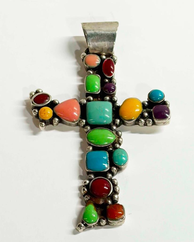 Huge Gemstone Sterling Silver Cross Pendant: Huge Gemstone Sterling Silver Cross Pendant. Marked Mexico 925, Tested Good. 2" Wide X 4" Tall. All Pictures Are Considered Part Of The Description And Should Be Examined Carefully By Bidders.. Live A