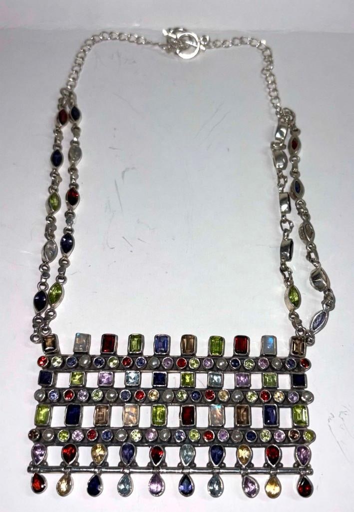 Huge Multi Gemstone Sterling Silver Necklace Vioni Vigni ?: Huge Multi Gemstone Sterling Silver Necklace Vioni Vigni ? . Marked 925 And Number 15, Weighs 74 Grams. . All Pictures Are Considered Part Of The Description And Should Be Examined Carefully By Bidder