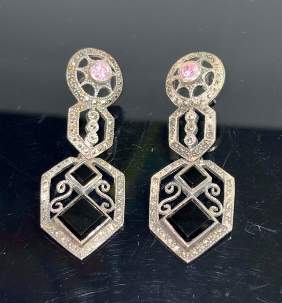 Art Deco Style Drop Pierced Earrings Onyx, Pave And Pink Stones: Art Deco Style Drop Pierced Earrings Onyx, Pave And Pink Stones. 20 Grams, Great Condition, 2. 2 1/2" Long. All Pictures Are Considered Part Of The Description And Should Be Examined Carefully B