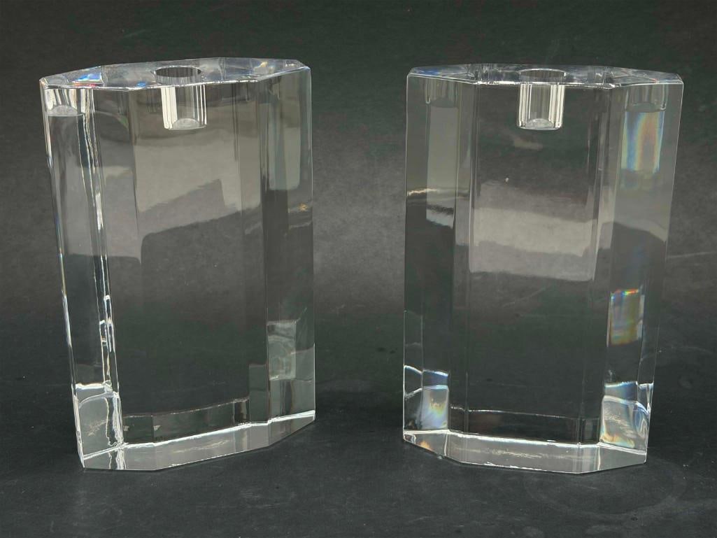 Pair Of Vintage Orrefors Crystal Candlesticks: Pair Of Vintage Orrefors Crystal Candlesticks. Great Condition, . 5" X 8" . All Pictures Are Considered Part Of The Description And Should Be Examined Carefully By Bidders.. Live Auctioneers Is Now Of