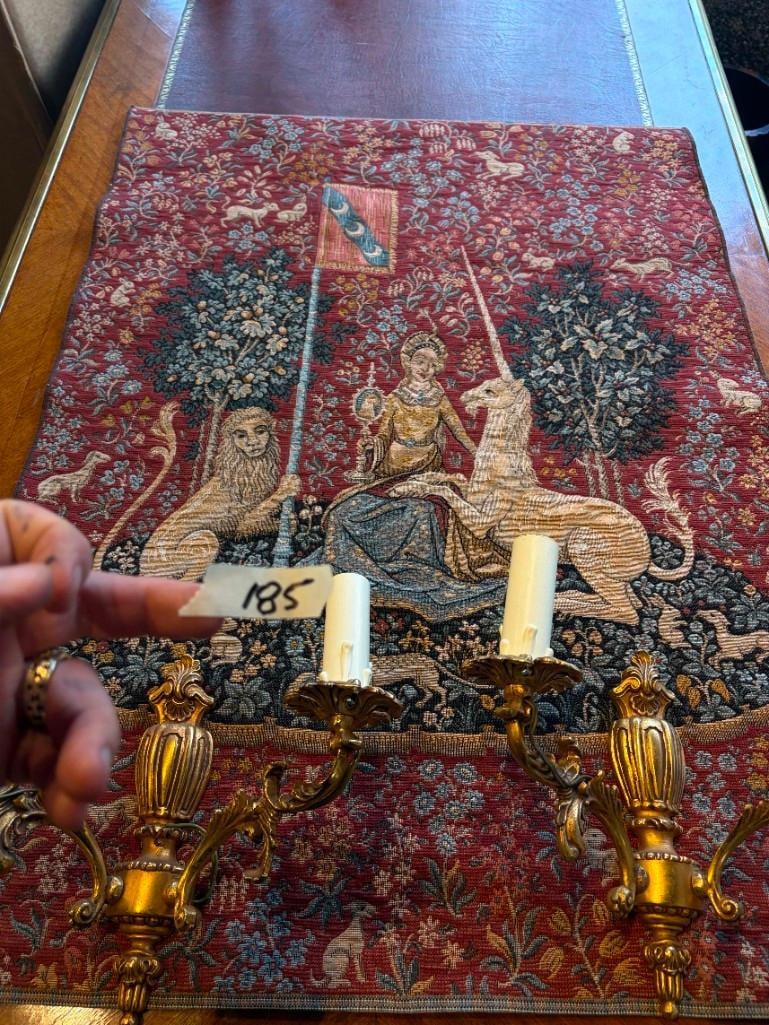 Pair Of Brass Wall Sconces And A Belgium Lady With The Unicorn Tapestry: Pair Of Brass Wall Sconces And A Belgium Lady With The Unicorn Tapestry. Tapestry Is 26" X 32" Excellent Condition. . All Pictures Are Considered Part Of The Description And Should Be Examined Careful
