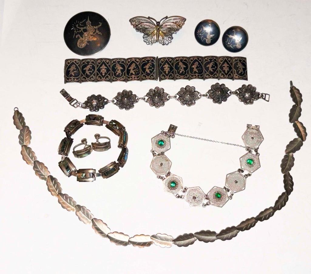Lot Of Vintage Sterling Silver Jewelry, Thai Bracelet Earring, Brooch, Abalone Inlay Bracelet And Mo: Lot Of Vintage Sterling Silver Jewelry, Thai Bracelet Earring, Brooch, Abalone Inlay Bracelet And Mo. Thai Bracelet Needs Soldering And There Are Green Stones Missing From Other , 125 Grams. . All Pic