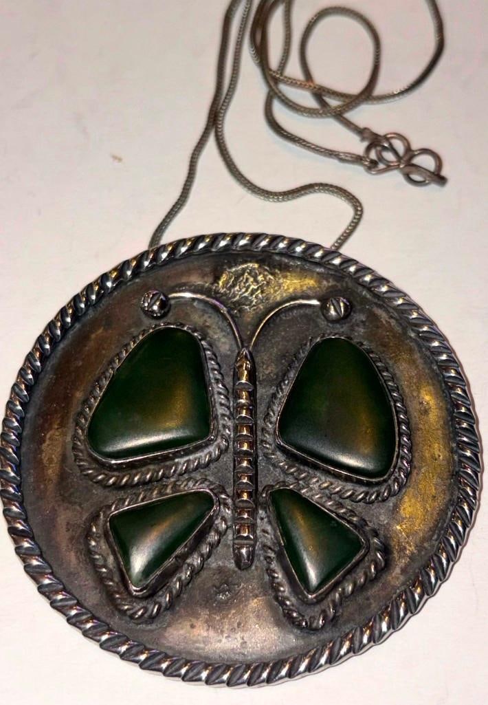 Vintage Sterling Silver With Stone Inlay, Possibly Jade Butterfly Pendant On Chain: Vintage Sterling Silver With Stone Inlay, Possibly Jade Butterfly Pendant On Chain. 55 Grams Total Weight, 22" Sterling Chain . Tested Good. All Pictures Are Considered Part Of The Description And Sho
