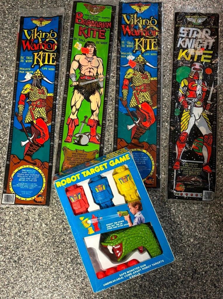 Vintage Robot Target Game And 4 Kites: Vintage Robot Target Game And 4 Kites. . . All Pictures Are Considered Part Of The Description And Should Be Examined Carefully By Bidders.. Live Auctioneers Is Now Offering Live Shipping Through Them