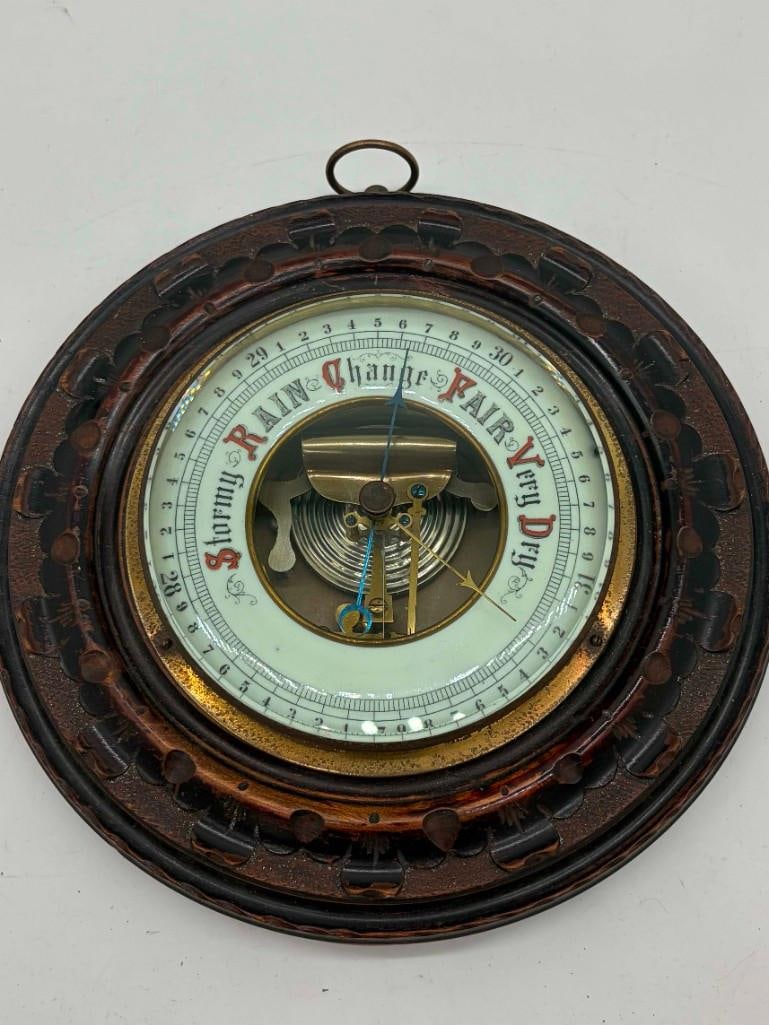 Antique Wood Carved Frame Wall Barometer: Antique Wood Carved Frame Wall Barometer. Great Condition. 9" Wide. All Pictures Are Considered Part Of The Description And Should Be Examined Carefully By Bidders.. Live Auctioneers Is Now Offering L