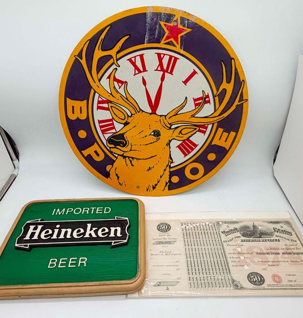 Vintage Moose Lodge Metal 18" Sign, Heineken Beer Sign And Irs 1874 Liquor Tax Stamp (1 of 10)